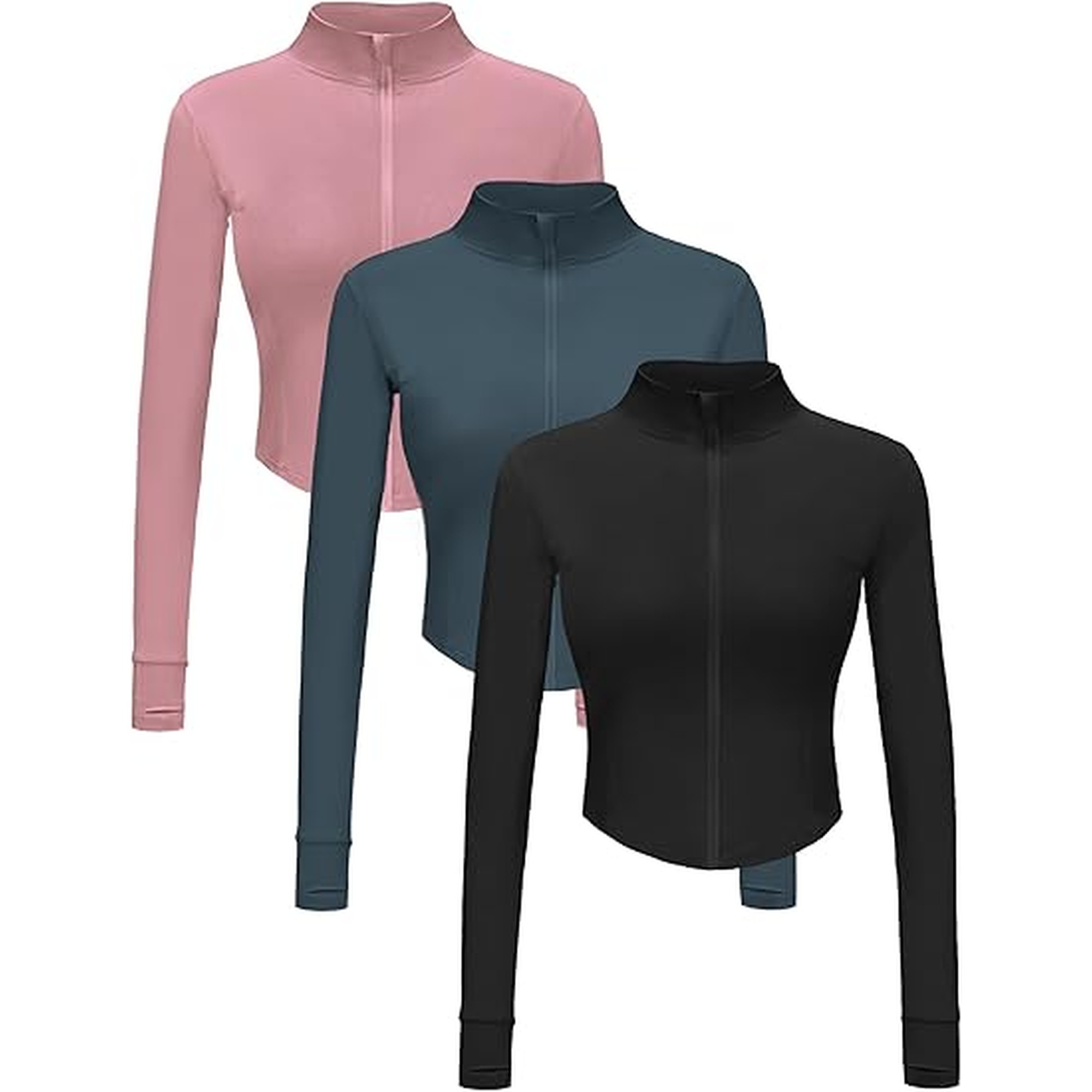 Dalavch 3 Pack Womens Cropped Full Zip up Workout Jacket Slim Fit Running Athletic Gym Yoga Sports Jacket with Thumb Holes