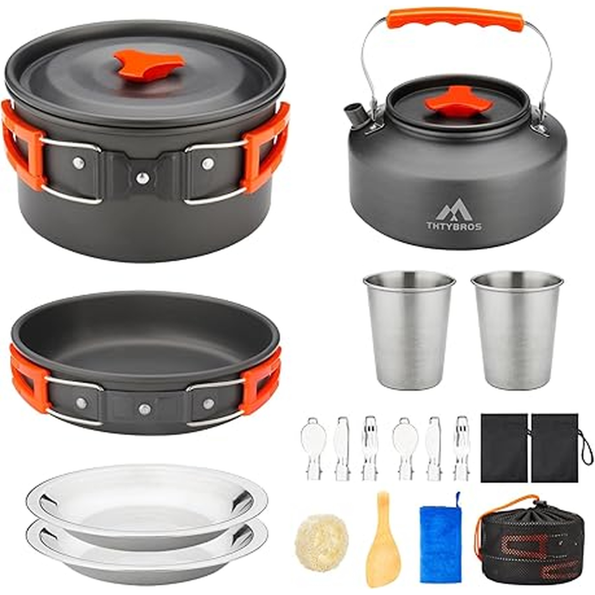 THTYBROS 17pcs Camping Cookware Kit, 0.45Gal Pot, 7inches Pan,0.30Gal Kettle Set with 2 Set Stainless Steel Cups Plates Forks Knives Spoons for Hiking