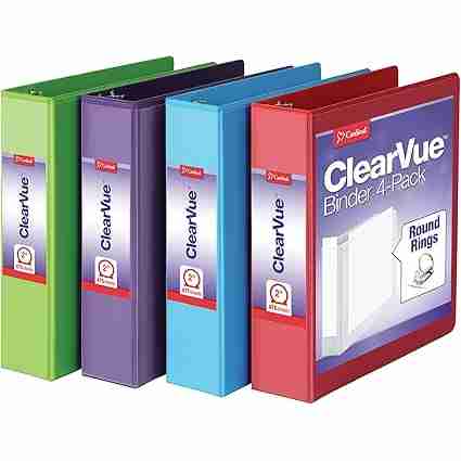 Cardinal 3 Ring Binders, Binders for School and Office, Durable 2 Inch Binder with Round Rings, Holds 475-Sheets, ClearVue Covers, Non-Stick, PVC-Free, Assorted Colors, 4 Pack (29311)