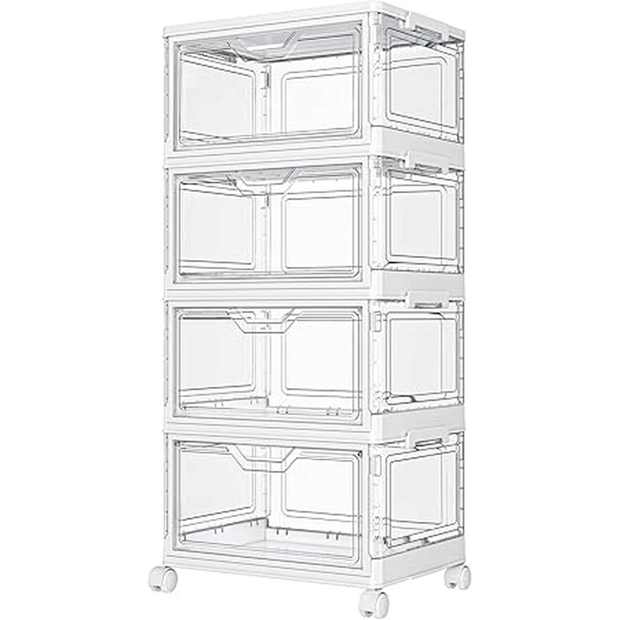Kmiectse Clear Storage Bins with Lids - 4 Tier Plastic Bins with Wheels, Stackable Storage Bin, Closet Organizers Box for Bedroom, Living Room, 23 QT Folding Box with Magnetic door