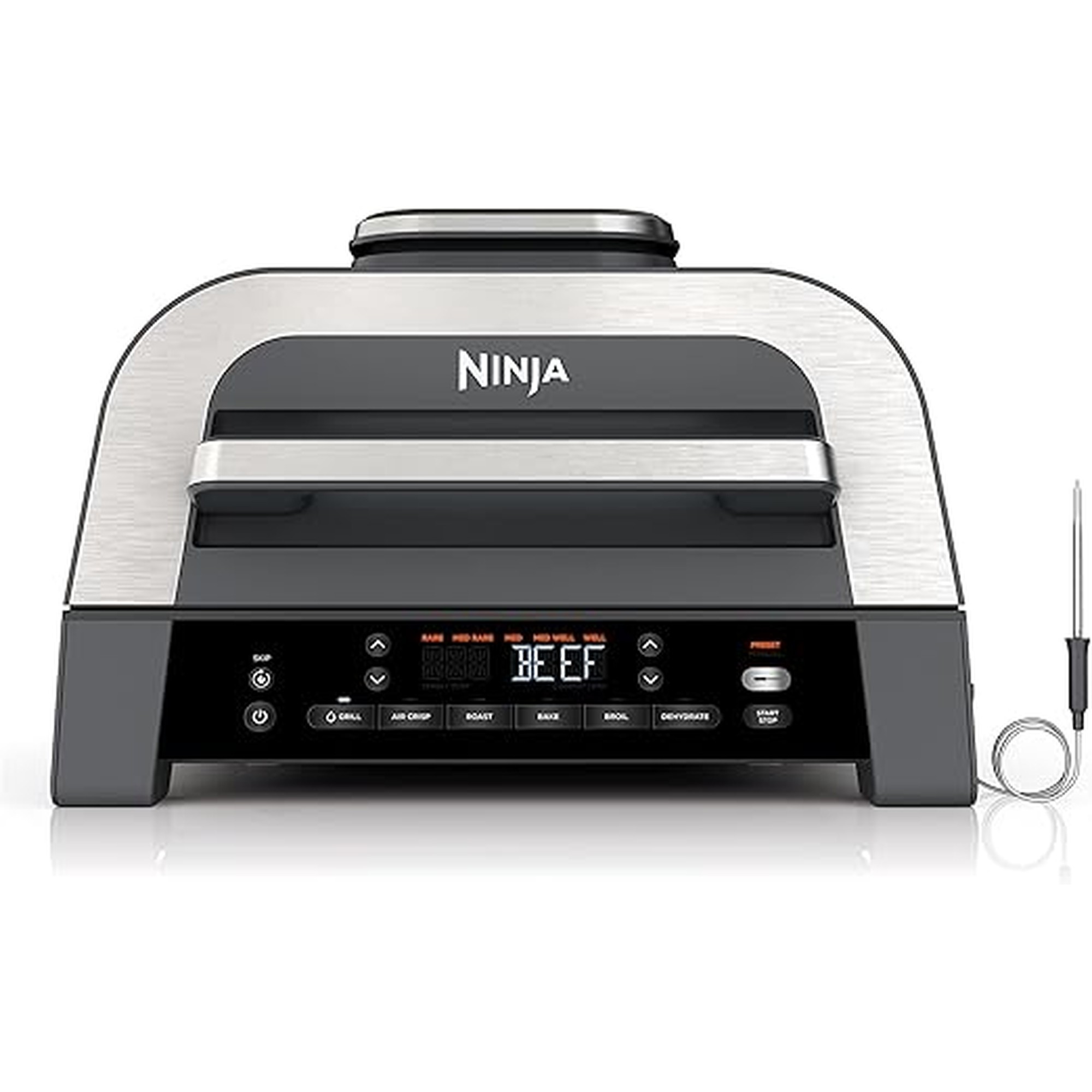 Ninja DG551 Foodi Smart XL 6-in-1 Indoor Grill with Air Fry, Roast, Bake, Broil, & Dehydrate, Foodi Smart Thermometer, 2nd Generation, Black/Silver