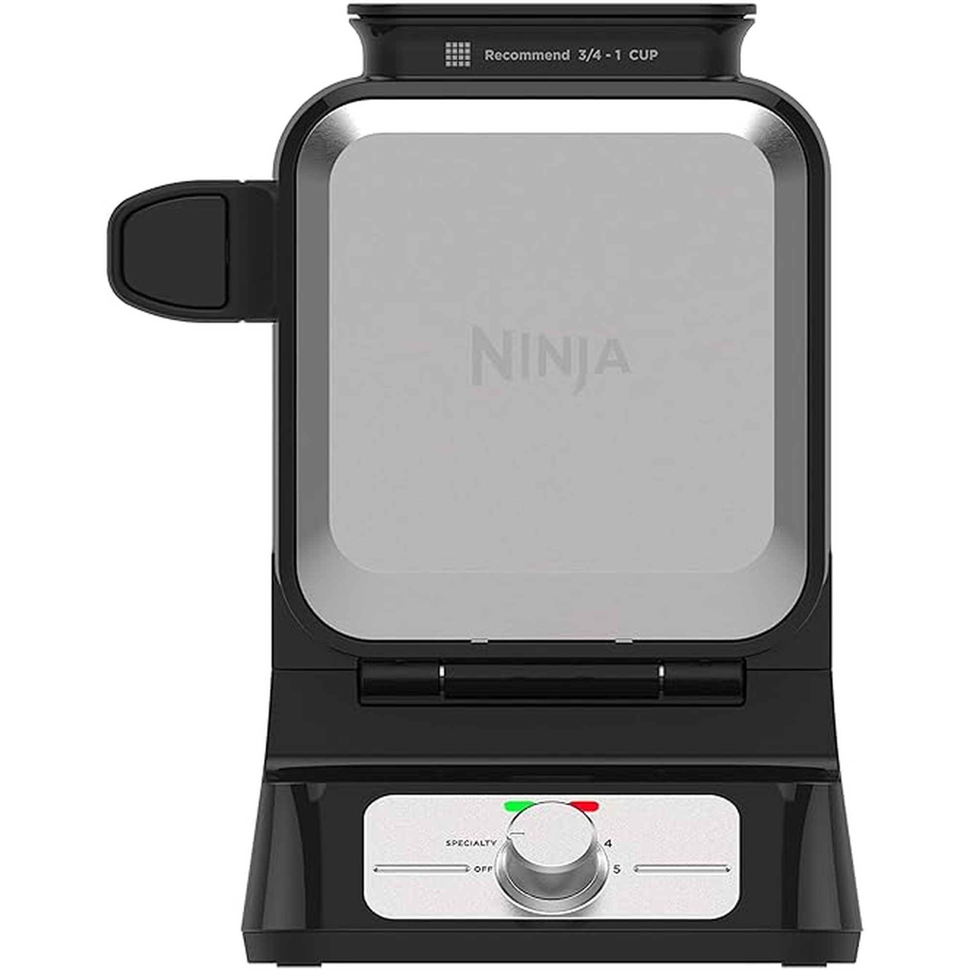 Ninja Belgian Waffle Maker Pro | Vertical Design | 5 Shade Settings with Precision-Pour Cup & Chef-curated Recipe Guide | Black & Silver | BW1001