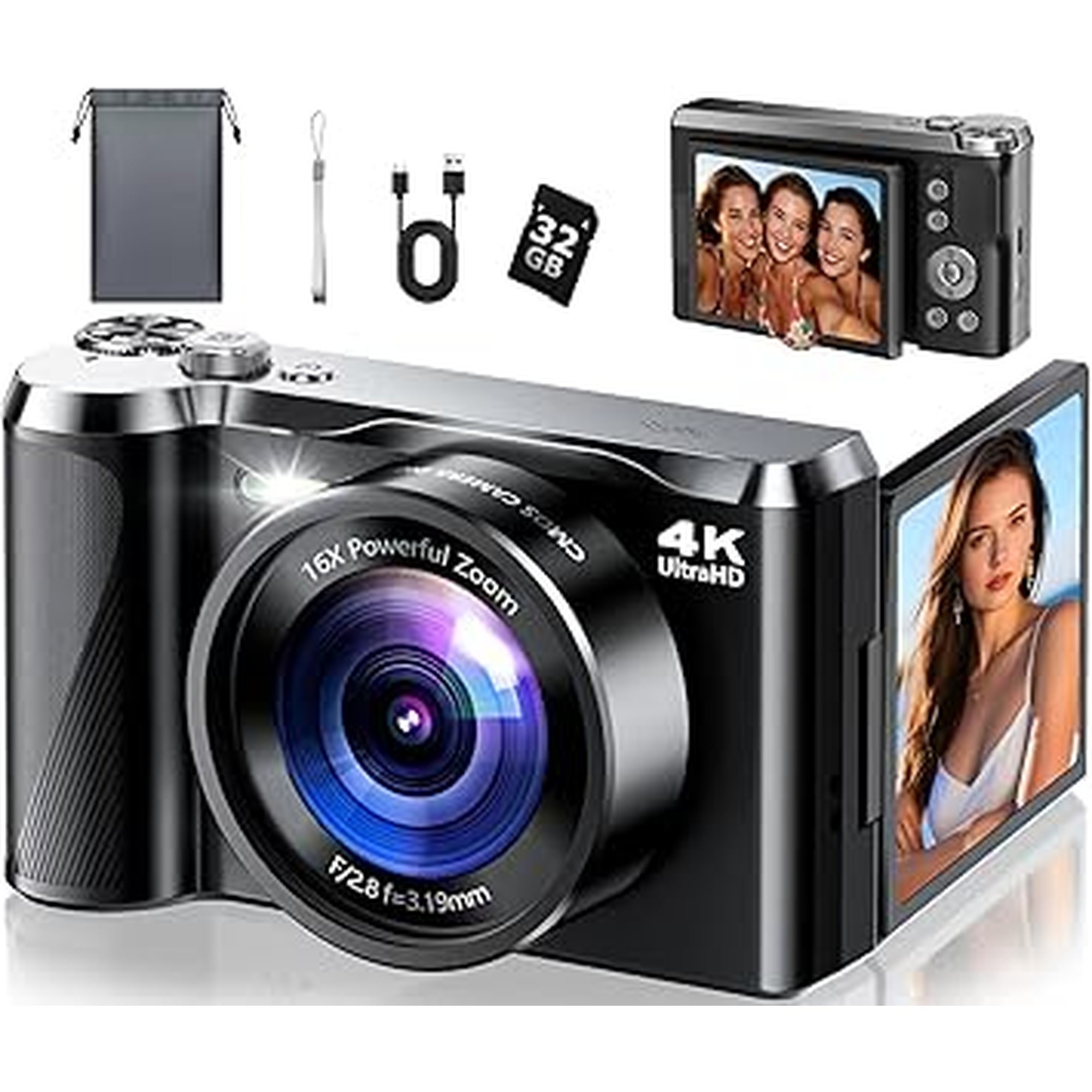 4K Digital Camera for Photography & Travel, 56MP Autofocus Vlogging Camera with 3" 180Â° Flip Screen, 16X Zoom, Compact Point and Shoot Camera for Beginners and Teens, 32GB Card Included