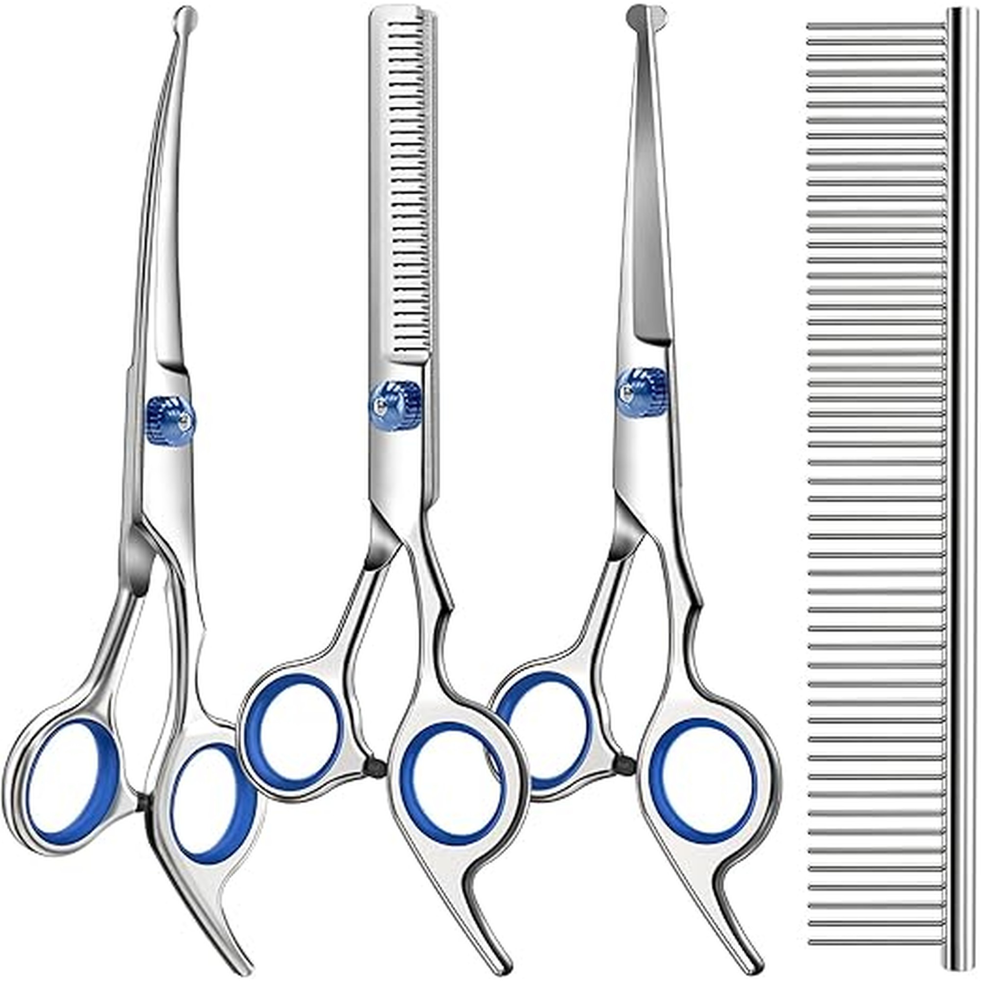 Professional 4 in 1 Dog & Cat Grooming Scissors Kit with Safety Round Tips,Sharp & Durable,Dog Shears for Grooming - Includes Straight, Curved, Thinning Scissors and Comb - Premium Pet Supplies