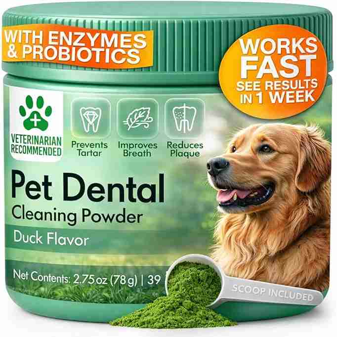 Dog Dental Powder â€“ Dog Breath Freshener â€“ Plaque Off and Tartar Remover for Dogs, Bad Breath Treatment, Natural Tooth Cleaning Powder for Dogs of All Breeds â€“ Oral Care Supplement â€“ Duck Flavor