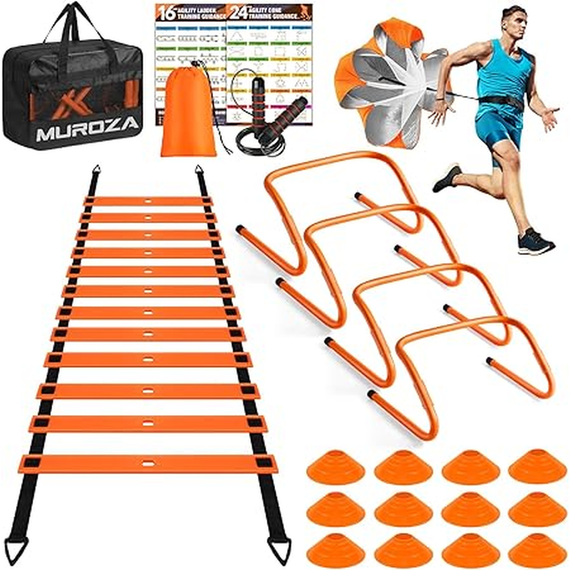 MUROZA Agility Ladder, Agility Speed Training Equipment Set, 20ft Speed Ladder, 12 Soccer Cones, 4 Hurdles, Jump Rope, Running Parachute, Soccer Football Basketball Training Equipment Accessories