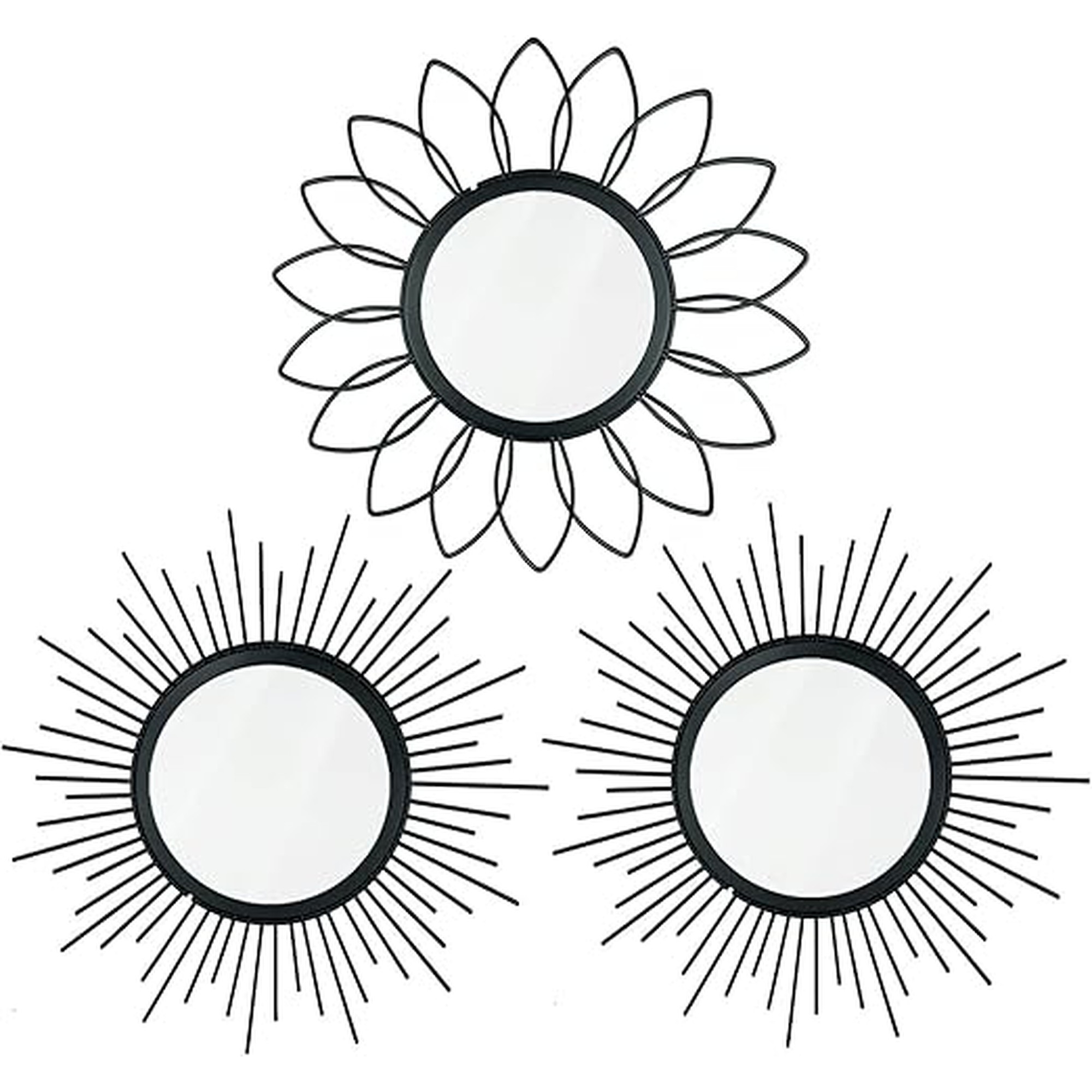 3 Pack Metal Mirrors for Wall Sunburst Wall Mirrors Home DÃ©cor Decorative Hanging Wall Art for Living Room Bedroom Entryway (Black, Flower+Sunburst)
