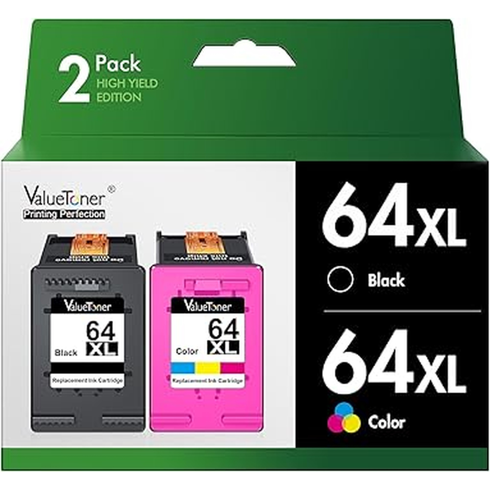 64XL Ink Cartridge Combo Pack for HP Ink 64 HP64 HP64xlblack and Color Combo Pack Works for HP Envy Inspire 7955e 7958e 7255e Photo 7155 7858 7155 7100 7800 7900 7855 6222 Tango (Black Color, 2Pack)