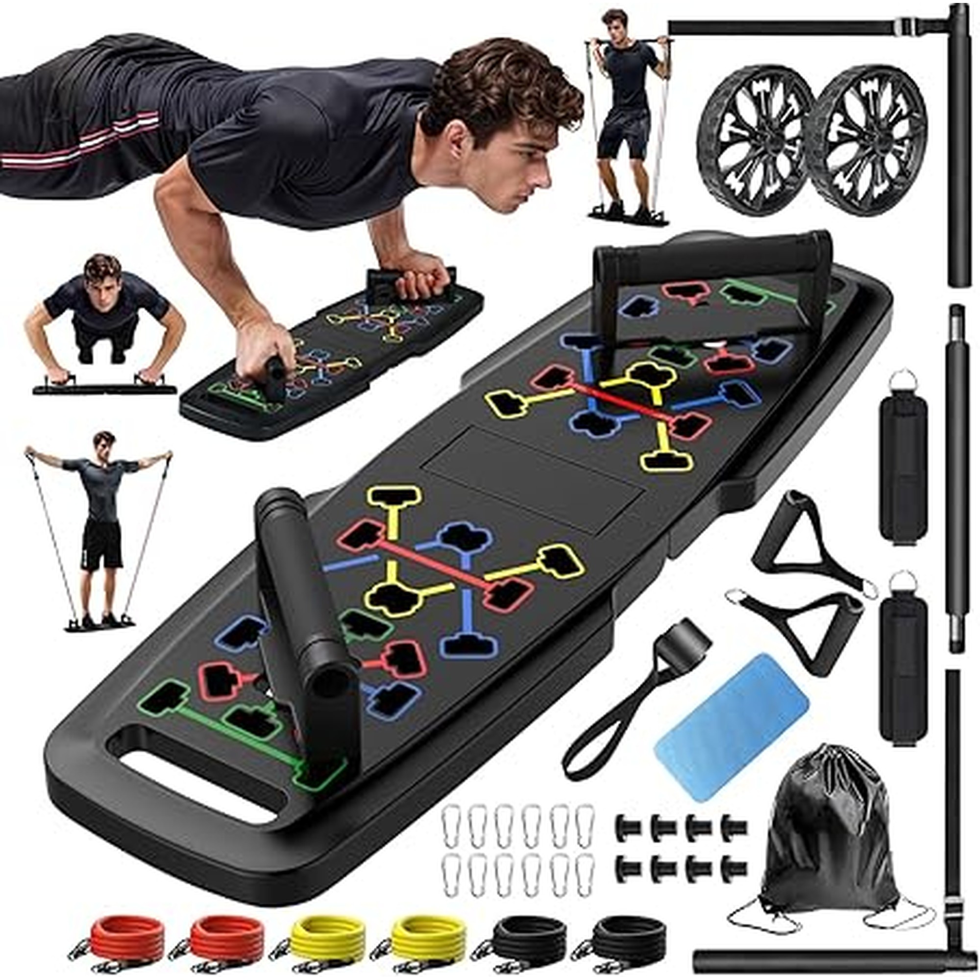 MQRW Push Up Board,Home Gym,Portable Exercise Equipment,Pilates Bar and 20 Fitness Accessories with Resistance Bands and Ab Roller Wheel,Full Body Workout at Home