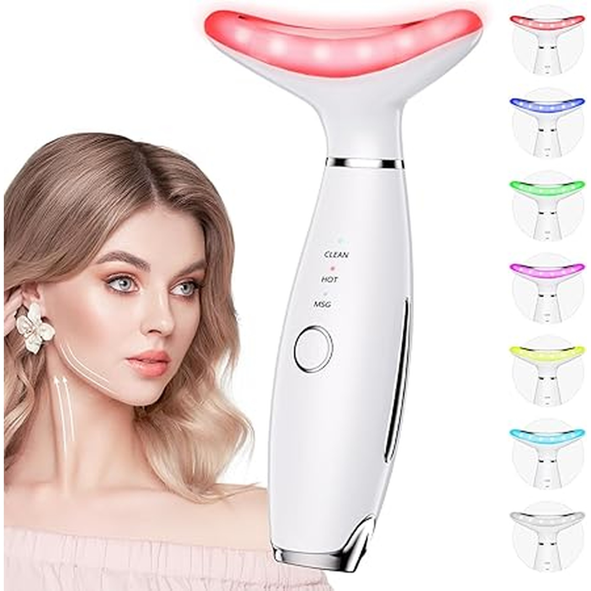 7 Color Galvanic Machines - Red Light Therapy for Face and Neck, Face Massager Tool for Wrinkles, Double Chin, Vibrating Facial Massager with Thermals, White