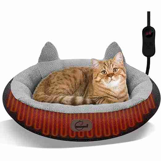 Heated Cat Bed for Small Size Cats, Heated Pet Bed with Timer & Temp Adjustable, Removable Waterproof Pet Heating Pad for Indoor, Gray Cozy Donut Electric Bed Heater Warmer for Kitten Cat