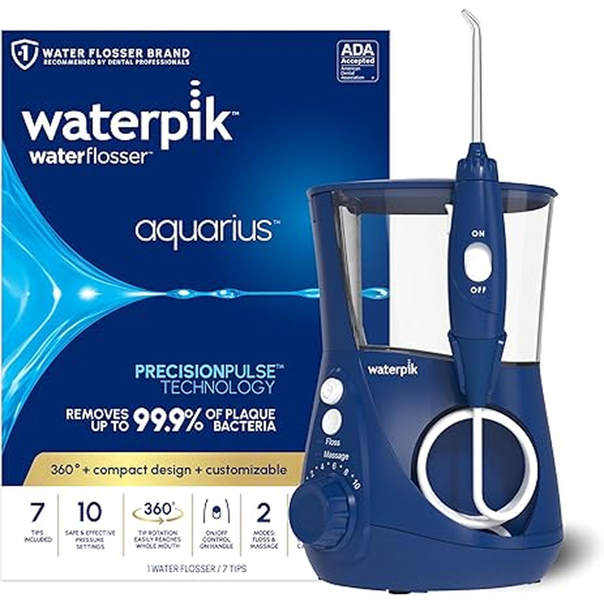 Waterpik Aquarius Water Flosser For Teeth Cleaning, Gums, Braces, Dental Care, Electric Power With 10 Settings, 7 Tips For Multiple Users And Needs, ADA Accepted, Blue WP-663, Packaging May Vary