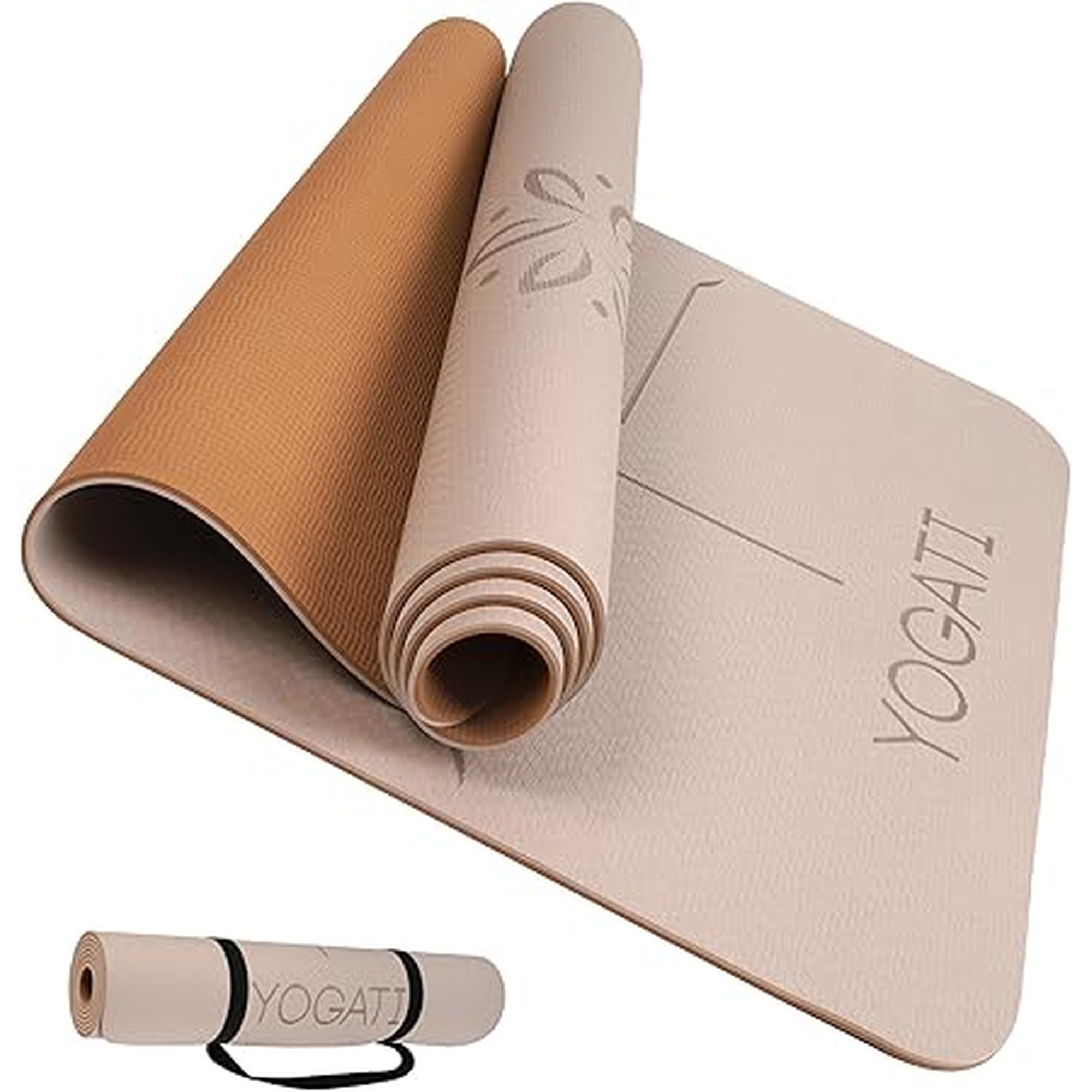 YOGATIÂ® Yoga Mat with Strap with Alignment Lines. Home Workout Mat for Women, Men and Kids. Thick Non Slip Yoga Mat for Pilates and Fitness. Brown, Pink and Purple Yoga Mats