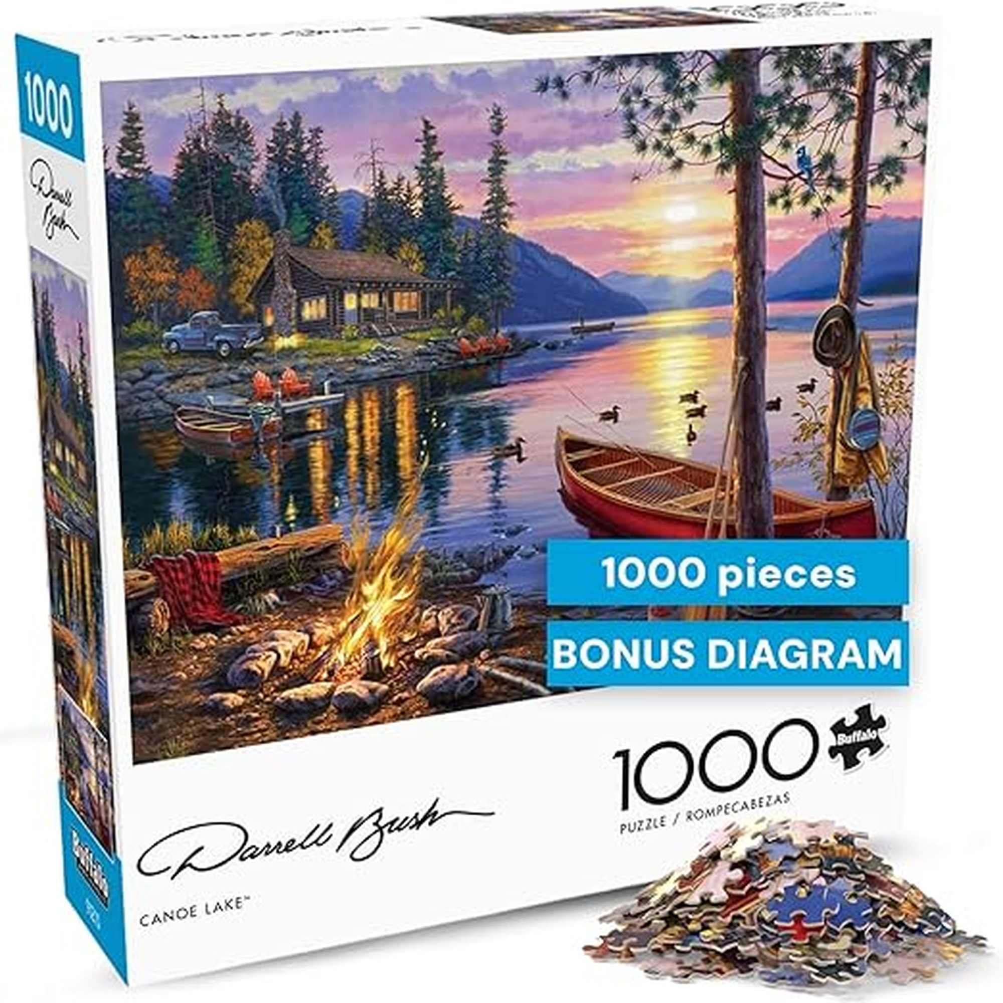 Buffalo Games - Canoe Lake 1000 Piece Puzzle for Adults - Jigsaw Puzzles â€“ Darrell Bush Cabin Sunset Artwork with Poster â€“ Challenging Outdoor Nature Scene
