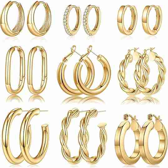 Yesteel 9 Pairs Gold Hoop Earrings for Women, 14K Real Gold Plated Chunky Hoop Earrings Set for Women Hypoallergenic Thick Lightweight Earring for Womens Jewelry Gifts