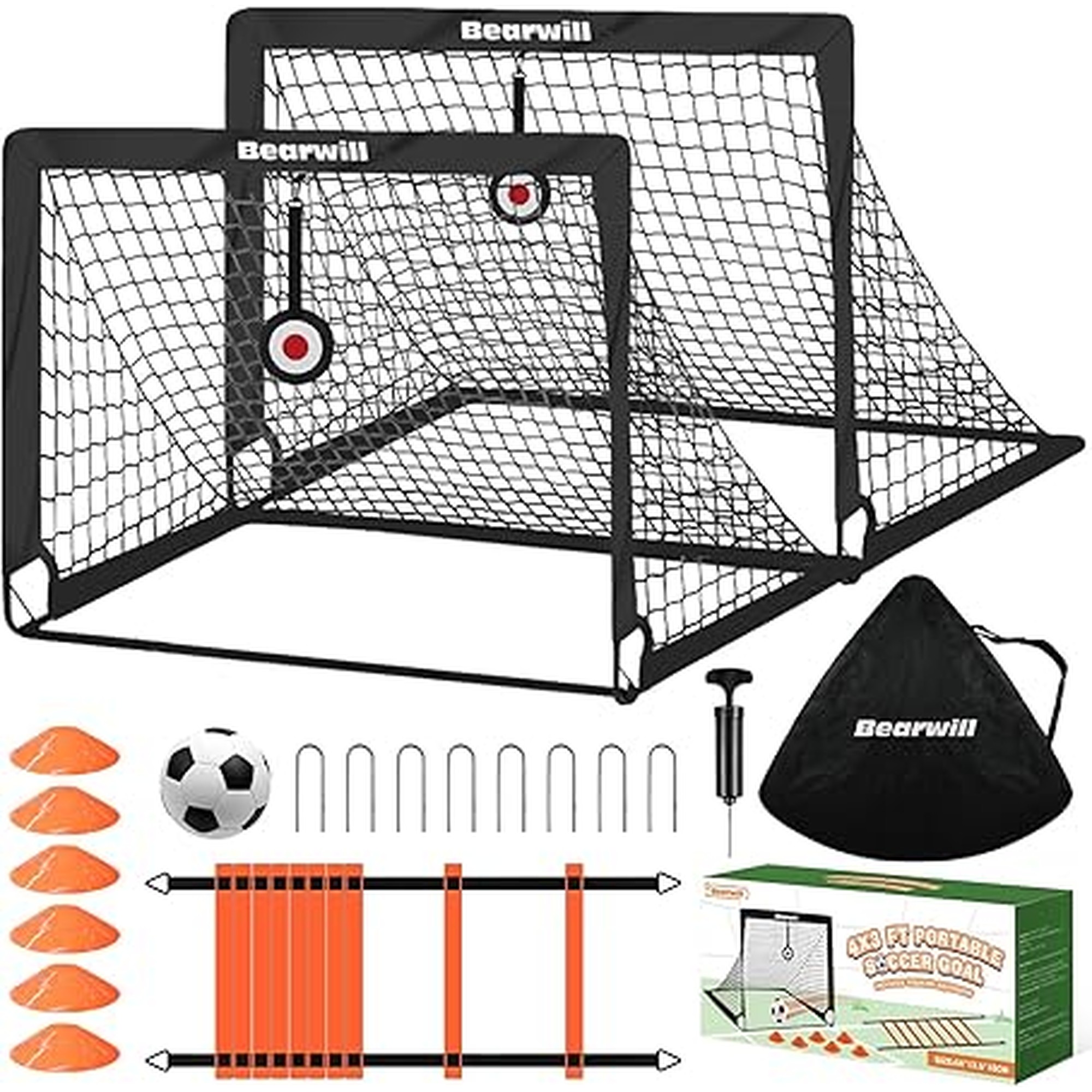 Bearwill Soccer Goal, Kids Soccer Goals for Backyard Set of 2, 4x3ft Portable Soccer Goal Pop Up Soccer Net, Kids Soccer Net Training Equipment with Soccer Ball, Ladder, Cones, Targets