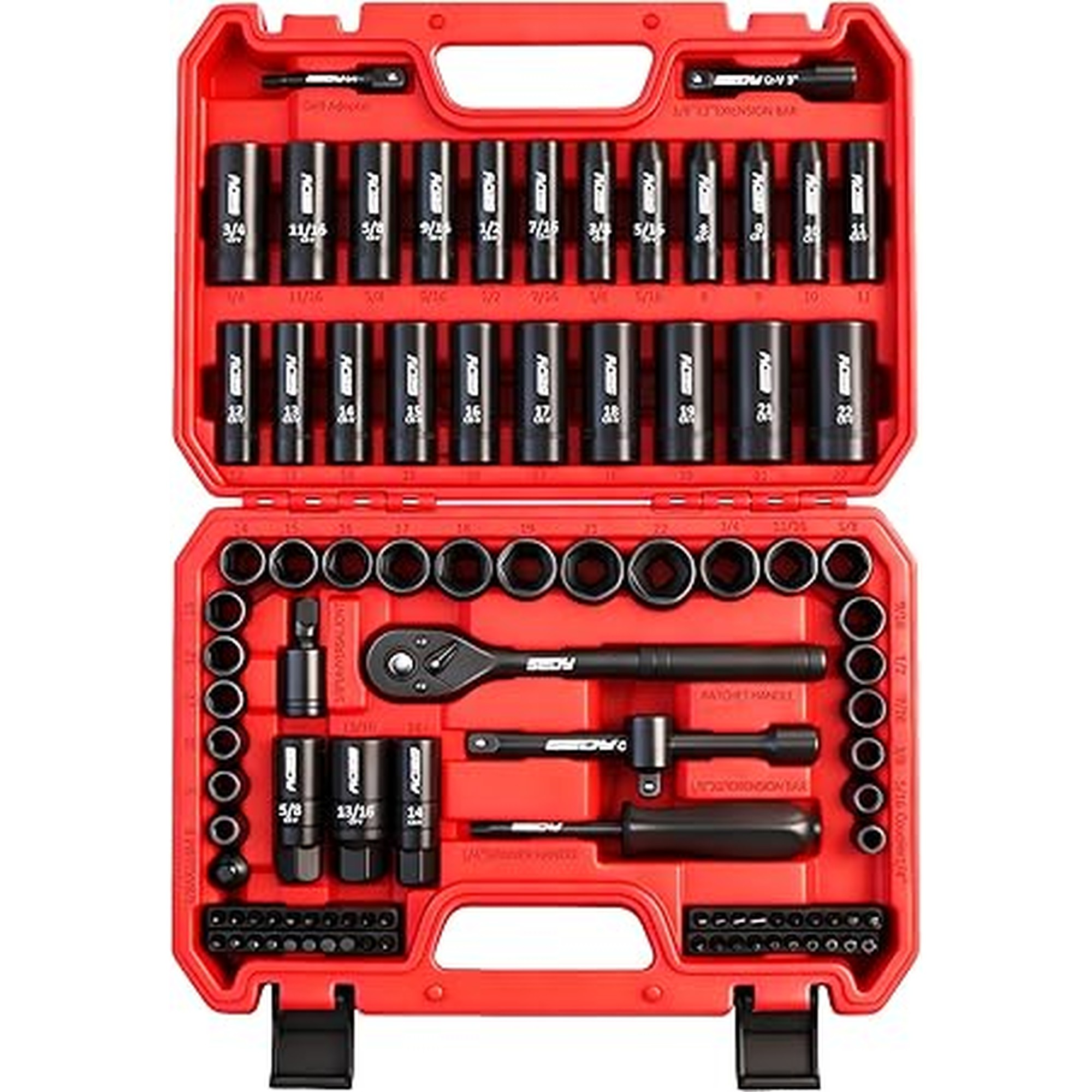 96-Piece 3/8" Drive Impact Socket Wrench and Bit Set, SAE 5/16â€-3/4â€ & Metric 8-22mm, Cr-V Standard & Deep Sockets, Power Bits, Ratchet Handle, Universal Joint, Bit Holder, Adapters, Spark Plug Socket