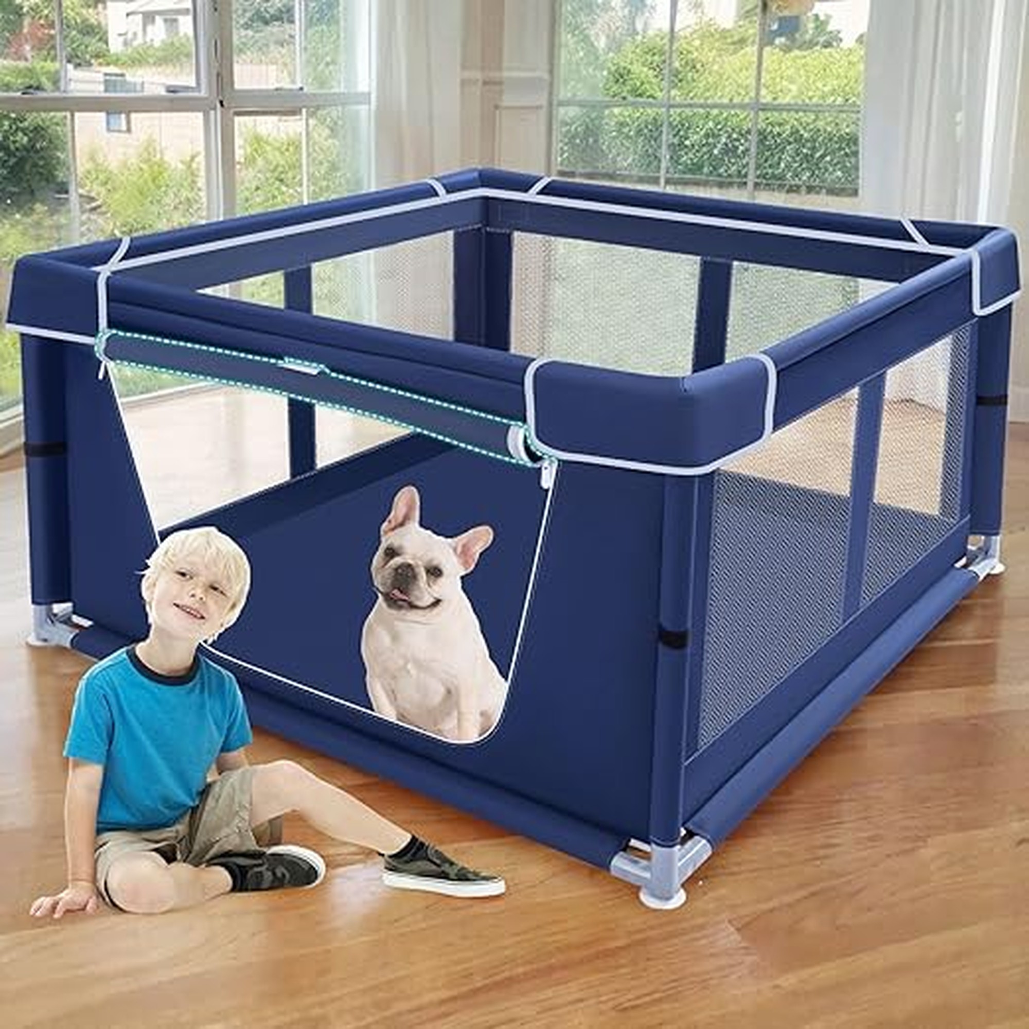 XVISHX 42x42 Inches Puppy Playpen with Gate, Dog Playpen for Puppies or Small Dogs, DogFence Pet Playpen for Indoor & Outdoor, Sturdy Safety DogPen with Thickened Fabric, High-Strength Nylon Wire Mesh