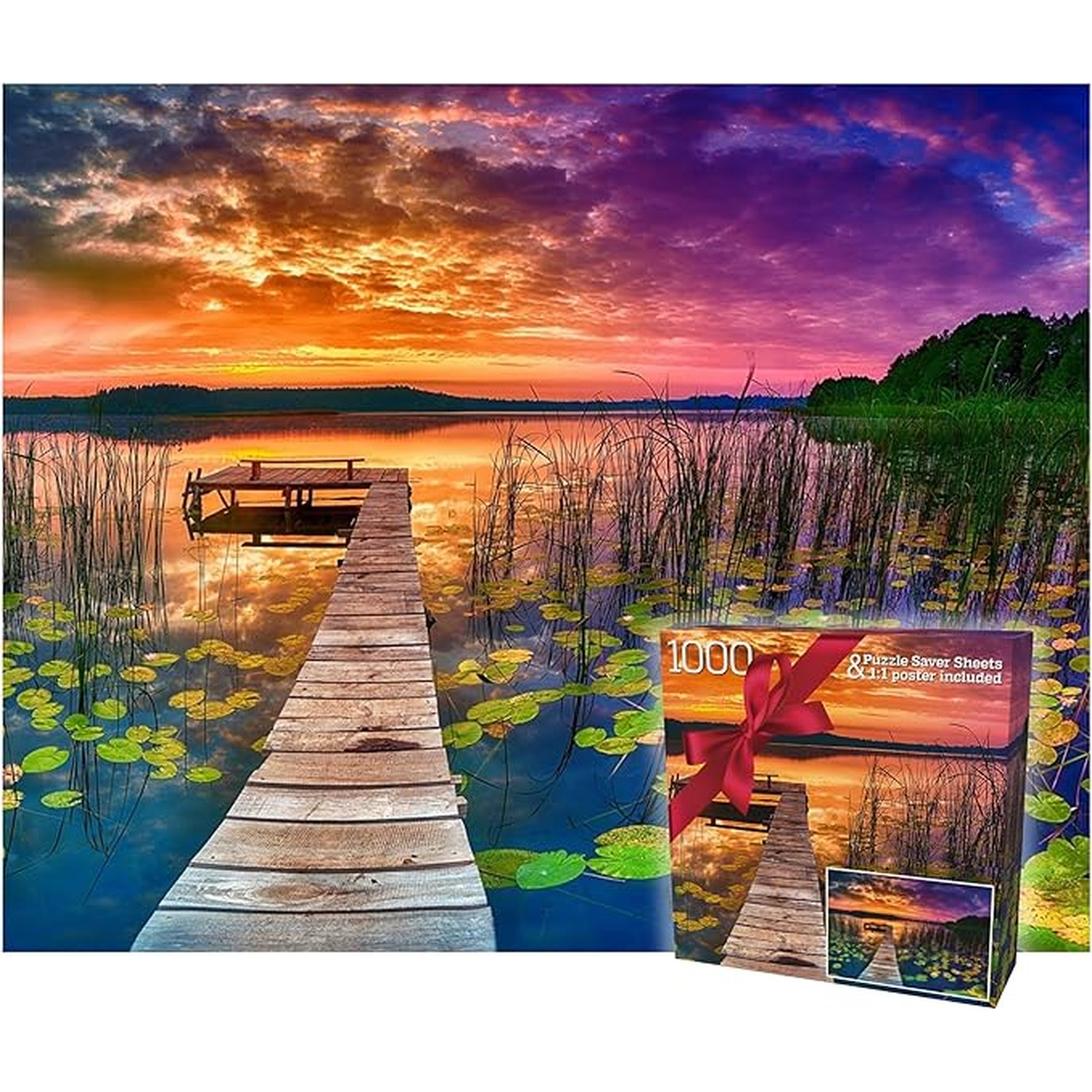 Puzzles for Adults 1000 Pieces - Ideal Gift for Loved Ones, Gift-Ready Box, Letters on Back, 8 Jigsaw Puzzle Saver Sheets & Full-Size Poster - Scenic Landscape Sunset with Dock & Lilies by GERJATO