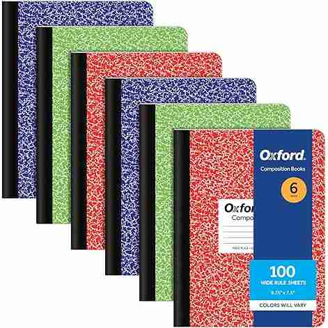 Oxford Composition Notebooks, 6 Pack, Cover Colors Vary, Wide Ruled Paper, 9-3/4 x 7-1/2 Inch School Journals, Assorted Marble Covers, 100 Sheets, per Book (63762)