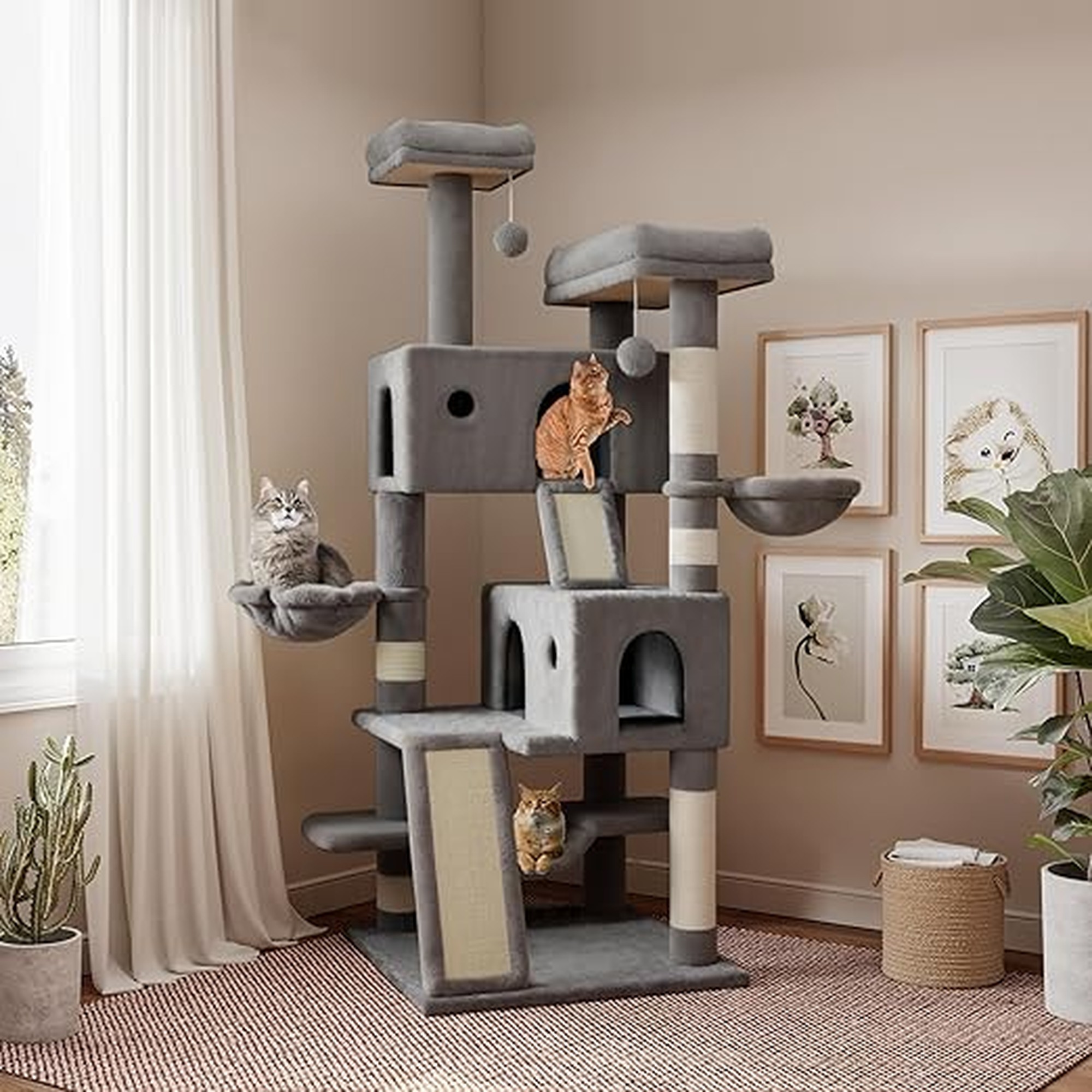 SHA CERLIN 65in Larger Cat Tree Tower Condo for Indoor Kitties/Multi-Level Furniture Activity Center with Wide Base/Cozy Plush Cat Perches/Baskets/Sisal Scratching Posts and Hammock/Grey