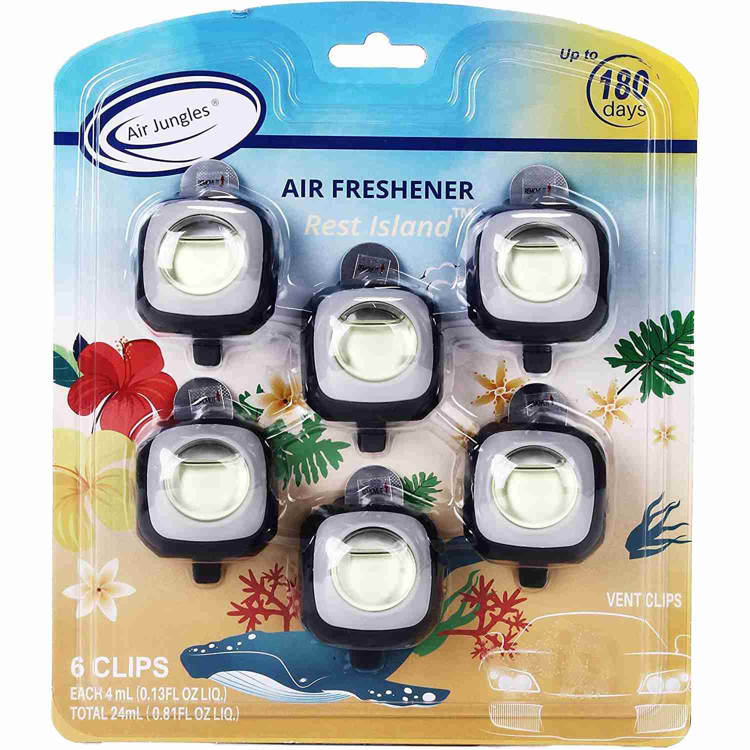 Air Jungles Car Air Freshener Clip, Rest Island, 6 Pack 4ml Each Vent Clips, Long Lasting Air Freshener, Up to 180 Days Car Refresher Odor Eliminator