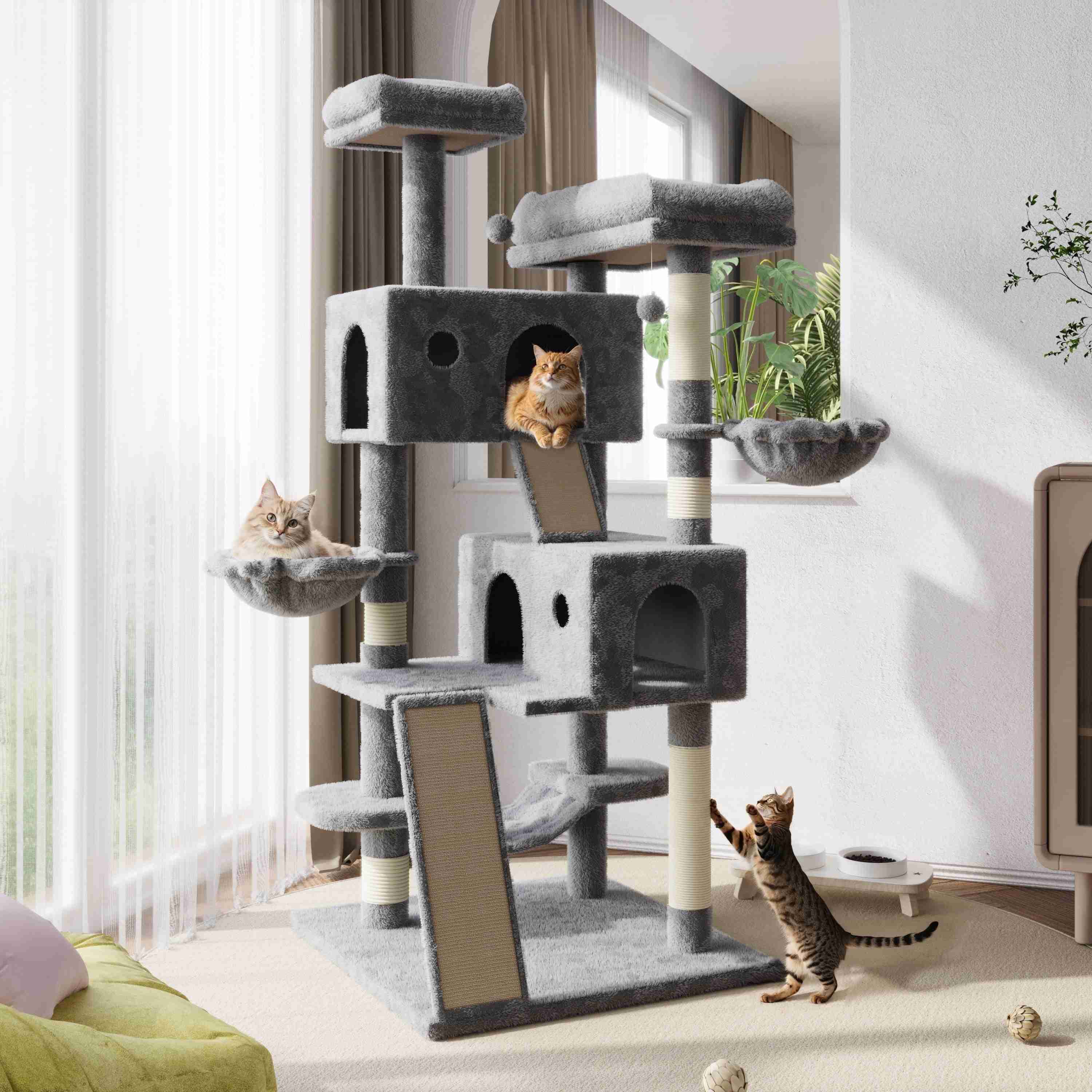 Amolife 65.7" Large Cat Tree and Tower Condo for Indoor Cats with 2 Scratching Boards, Hammock & Post, Gray
