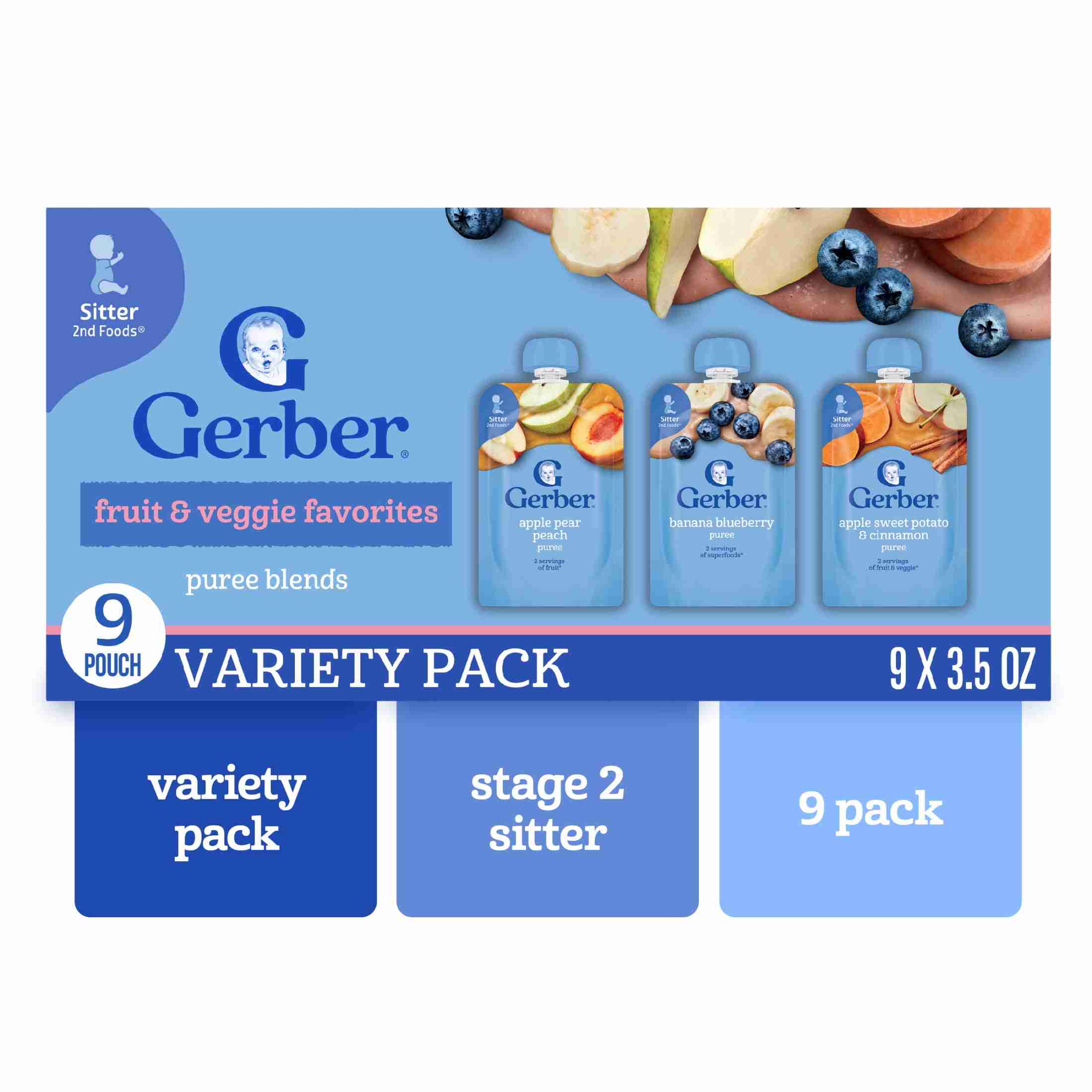 Gerber Fruit & Veggie Favorites, Toddler Food Variety Pack, 3.5 oz Pouches (9 Pack)